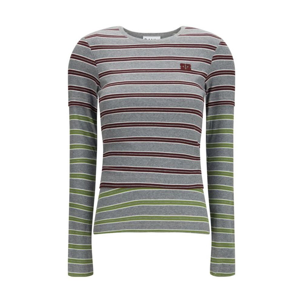 Ganni Women Double-Sleeve Striped Cotton T-Shirt